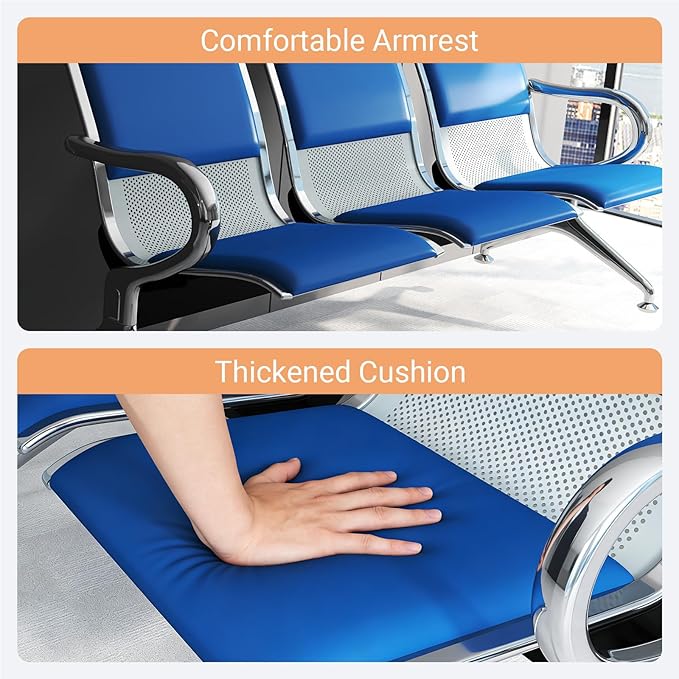 Kinfant Waiting Room Chairs with Arms – Blue PU Leather Back & Cushioned Seat Heavy-Duty Steel Frame, Ergonomic Office Reception Guest Chair for Lobby, Clinic, Airport