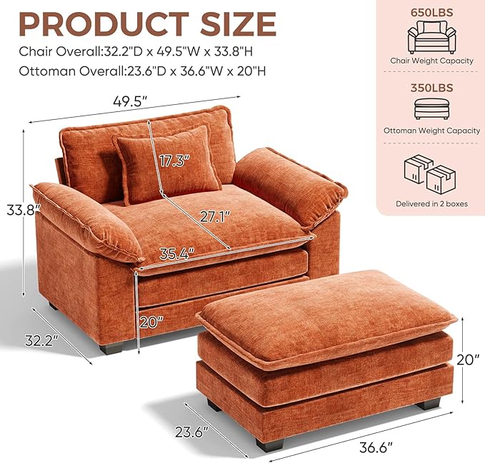 HUSFU Oversized Accent Chair with Ottoman, Chenille Cloud Couch Chair with Deep Seat and Extra Wide Armrests, Comfy Reading Armchair for Bedroom, Living Room, Terracotta Orange