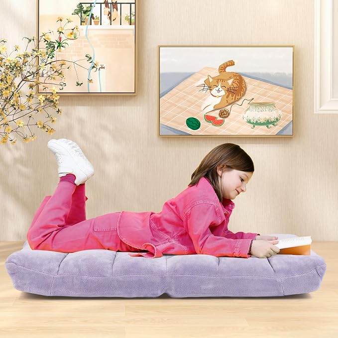 GOFLAME 14-Position Folding Floor Chair, Padded Gaming Lazy Sofa Chair with Adjustable Backrest, Couch Recliner, Sleeper Bed Lounge Chair for Reading, Gaming, Meditating (Light Purple)