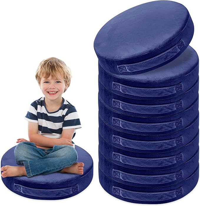 24 Pcs Round Floor Cushions for Kids, 15'' Plush Flexible Seating Pillows with Handles, Soft Chair Seats for Classroom Elementary Daycare Preschool Playroom Reading Corner Navy Blue