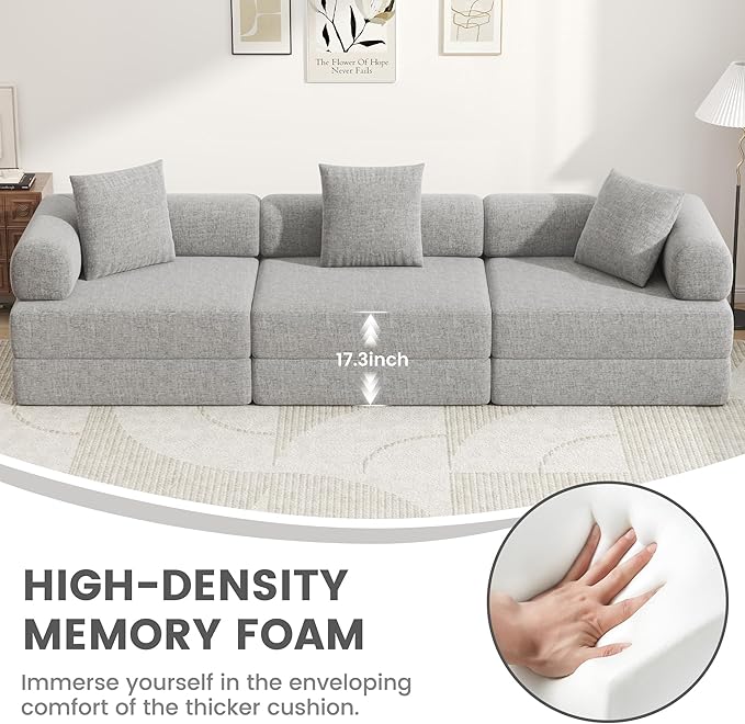 DURASPACE 117.6'' Folding Convertible Sofa Bed Boneless Foam Sectional Couches with Fixed-Shape Frame, 3-Seater Modular Floor Sleeper Sofa for Living Room, Chenille Gray