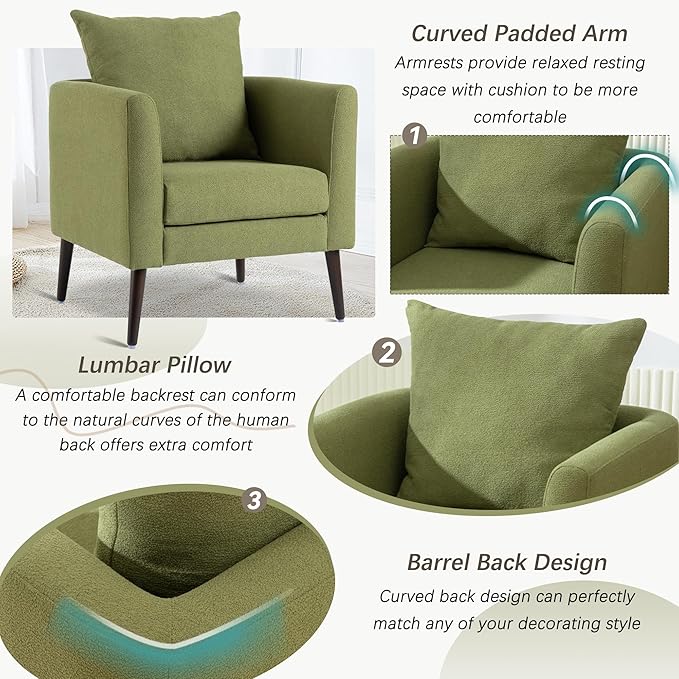 QKFF Barrel Accent Chair with Back Pillow, Large Upholstered Armchair with Solid Wood Legs Modern Reading Chairs for Living Room Bedroom