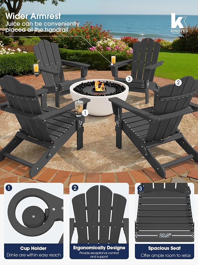 KINGYES Folding Adirondack Chair Set of 4, HDPE All-Weather Patio Chairs with Cup Holder, Wooden Textured Fire Pit Chairs for Poolside, Backyard, Deck, Grey