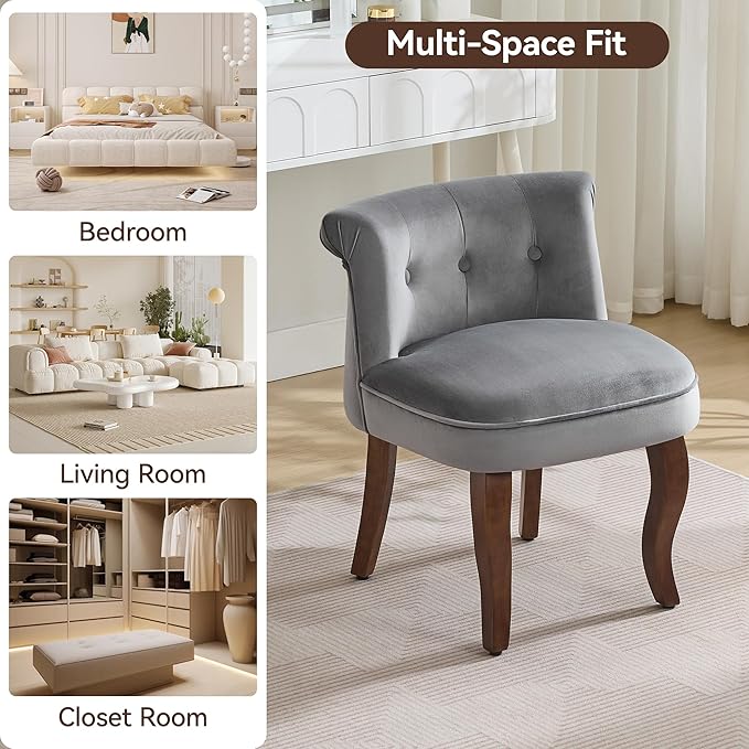 WUTUTUEE Velvet Vanity Chair with Back, Tufted Upholstered Vanity Stool with Solid Wood Legs, Mid Century Small Makeup Chair for Vanity, Accent Chair for Bedroom, Living Room, Grey