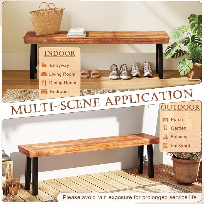 RELAX4LIFE 60’’ Outdoor Bench Acacia Wood - 2-3 Person Backless Patio Seat with Heavy Duty Metal Frame, Wooden Picnic Dining Garden Bench for Outside Backyard Park Porch, 800 LBS Weight Capacity (2)