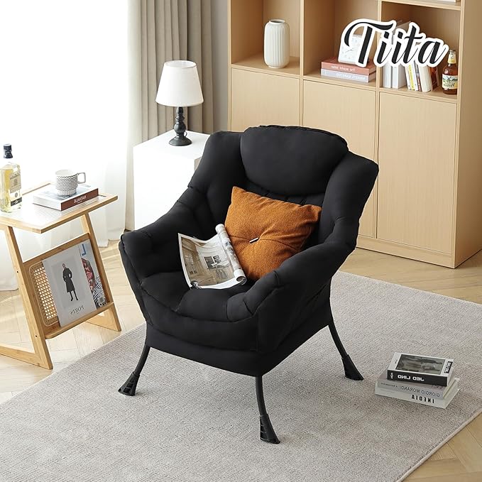 Tiita Lazy Chair, Modern Large Accent Lounge Armchair, Comfy Leisure Sofa Reading Chair for Bedroom, Living Room, Dorm Rooms, Garden and Courtyard, Black