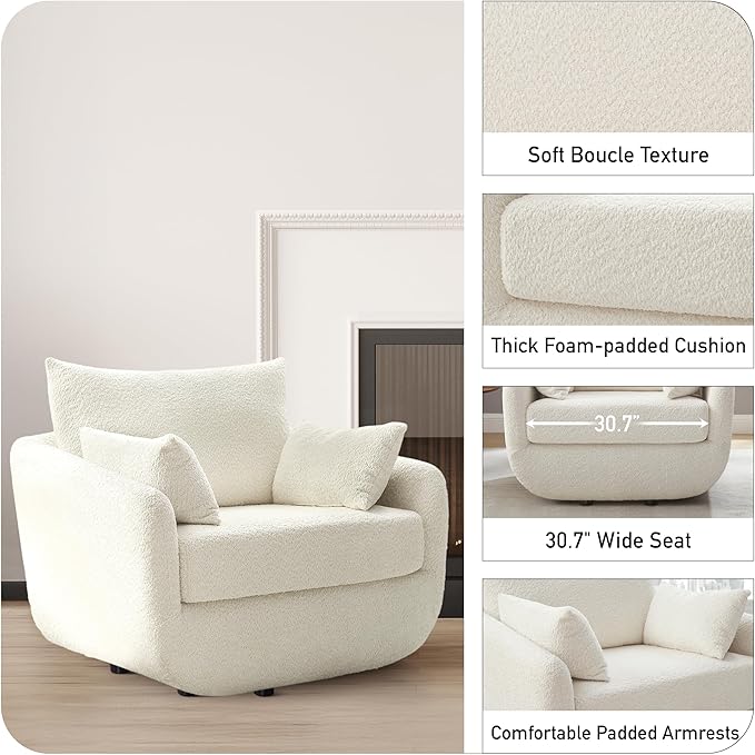 UNUQLIVCO 360° Swivel Accent Armchair, 39.3" Oversized, Sherpa Boucle Fabric Sofa Chair with Removable Back & Arm Pillows, Swivel Chair with Cozy Soft Padded (1, Cream White)