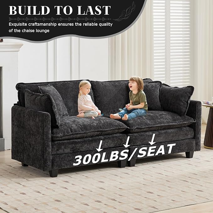 SoarFlash 113.78" Chenille Sectional Sofa, Comfy L Shaped Modular Coush Sofa with Ottoman, Modern 4 Seat Couch Deep Seat Sofa Set for Living Room,Black