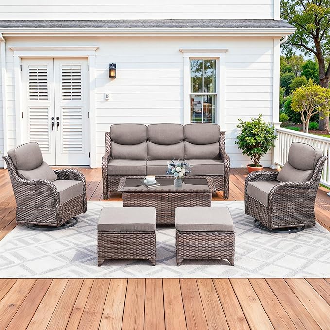Pugire Luxury High Back Patio Furniture Set with 6-Inch Thick Cushions, 6-Pieces Outdoor Furniture with Swivel Chairs, Wicker Conversation Set for Porch, Balcony, Deck and Yard, Brown/Grey