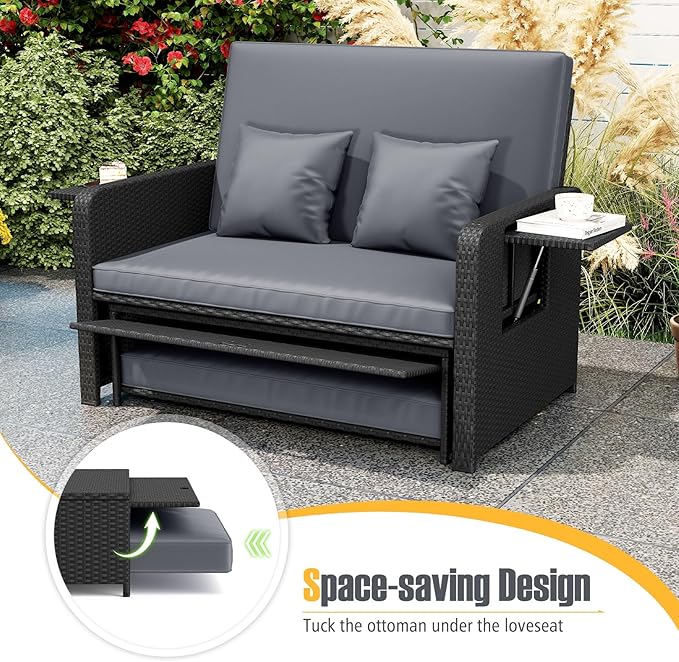 RELAX4LIFE Wicker Patio Outdoor Daybed - Rattan Day Bed Lounger w/Loveseat & Storage Ottoman, Sunbed Sofa Set w/Cushions, 4-Level Adjustable Backrest & 2 Retractable Trays, Patio Daybed (Grey-Black)