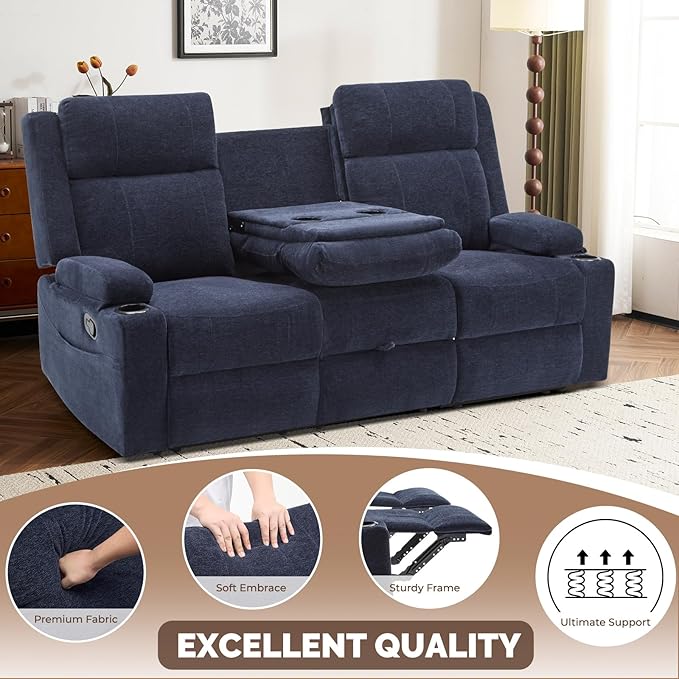 PALLOME Chenille Reclining Sofa 3-Seater with Convertible Table, Storage Ottoman & Cup Holders | Modern Space-Saving Couch, Ergonomic Living Room Furniture (Blue)