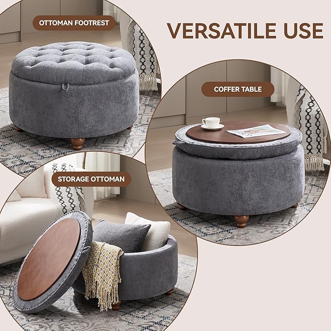 WUTUTUEE 30Inch Round Storage Ottoman with Tray, Modern Tufted Circle Coffee Table with Storage, Upholstered Ottoman with Removable Top for Living Room, Bedroom, Chenille Blue