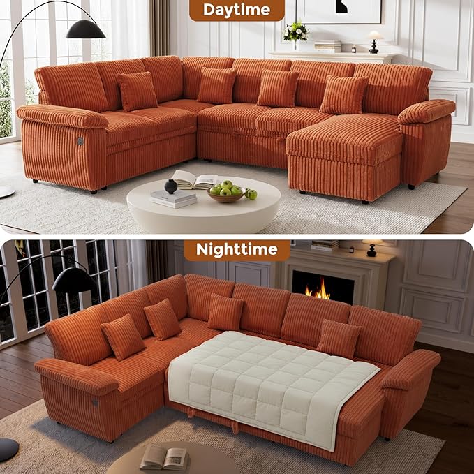 Modular Sectional Sleeper Sofa with Pull Out Bed, Storage Chaise & USB Charging, U Shaped Plush Corduroy Orange Sectional Couches for Living Room, Comfy Convertible 7 Seat Cloud Sofa Bed Orange