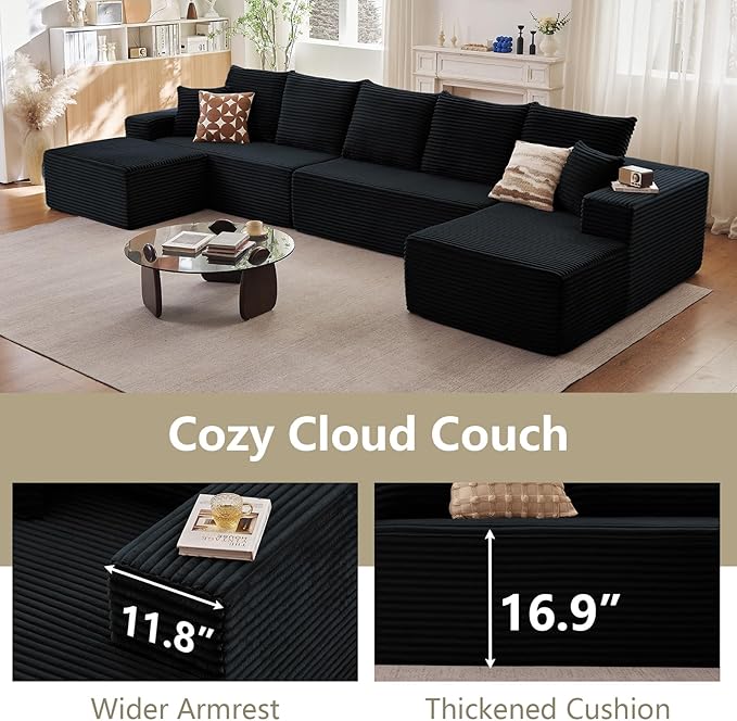 Lakifun 166.9" U-Shape Cloud Couch, Modern Modular Sectional Comfy L-Shape Sofa with Ottoman, Deep Seat, Upholstered Corduroy Sleeper Chaise Longue for Living Room Bedroom, No Assembly Required, Black