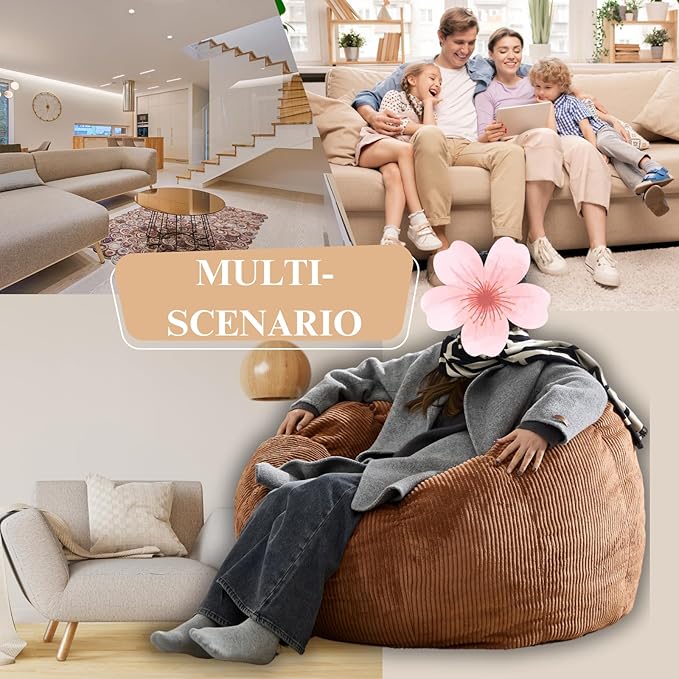 LukeAlon Corduroy Bean Bag Chair with Filler & Petal Armrest - Fluffy Floor Sofa Chair for Adults, 44"×44"×26" - Cozy Seating for Bedroom, Living Room, Game Room (Brown)
