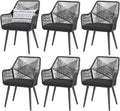 Patiorama Patio Dining Chair Set of 6,Woven Rope Outdoor Dining Chairs w/Steel Frame,All-Weather Twisted Rattan Chairs w/Armrest & Cushion,Outdoor Dining Wicker Chairs for Backyard Garden(Dark Grey)