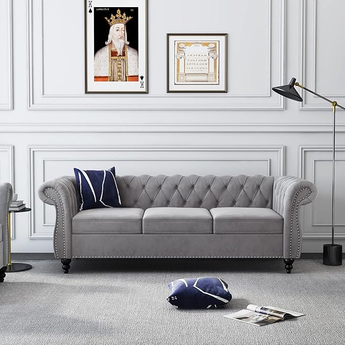 QHITTY Accent Large Sofa, Chesterfield Couch 3 Seater Modern Velvet Couch Upholstered Sofa with Tufted Back for Living Room Furniture (Grey)