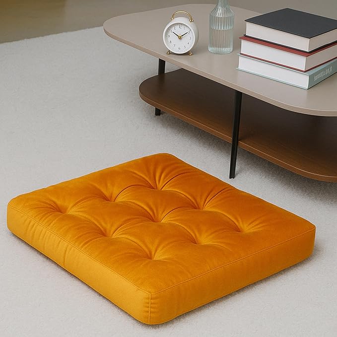Velvet Floor Pillow,Square Large Pillows Seating for Adults, Orange Tufted Cushions for Meditation Yoga Tatami Living Room Chair Booster Machine-Washable & Dryer-Safe, Orange, 22x22 Inch