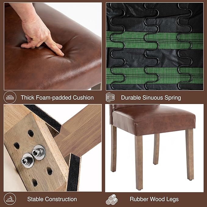 SNUGWAY Upholstered Dining Chair Stylish Parsons Kitchen High Back with Silver Nailhead Trim & Wood Legs, 6-Pack, PU Light Brown