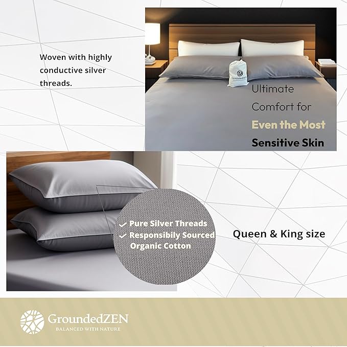 GroundedZen Premium Quality Grounding Pillowcase - Organic Cotton with Conductive Silver Threads. Grounding Cord Included. Zippered. Earth Connected Bed. 20x30 (Pillowcase Queen)