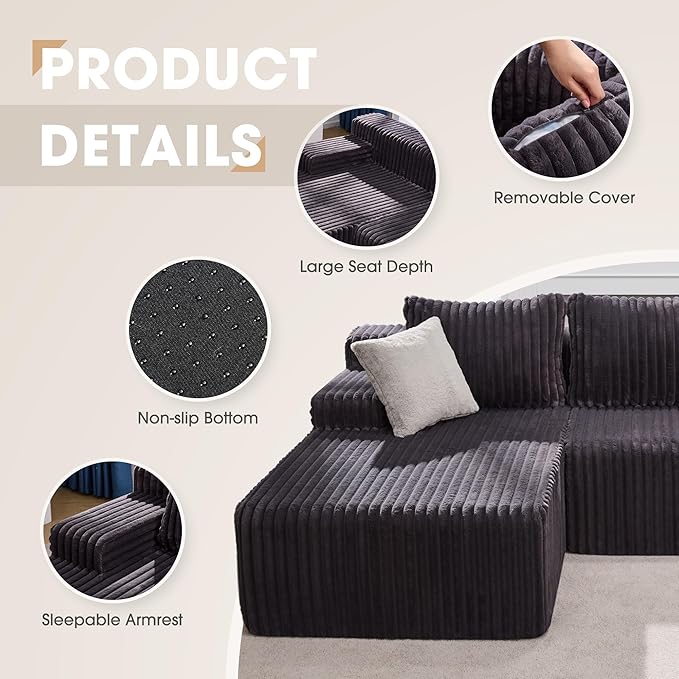 Modular Sectional Sofa Couches L-Shape Couch 3 Seat Modular Sofa Memory Foam Sectional Couches for Living Room, Cloud Couch with Oversized Chaise (Grey Stripe, 98" Left Facing Chaise)
