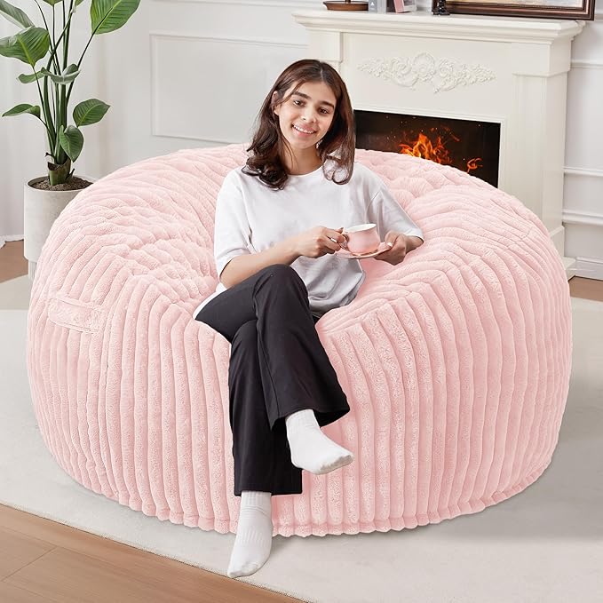 Homguava 3 FT Bean Bag Chair,3' Big Bean Bag,Large Bean Bag Chairs for Adults with Memory Foam Filled,Comfy Beanbag Chairs Soft Bean Bag Sofa with Dutch Corded Plush Cover-Soft Pink