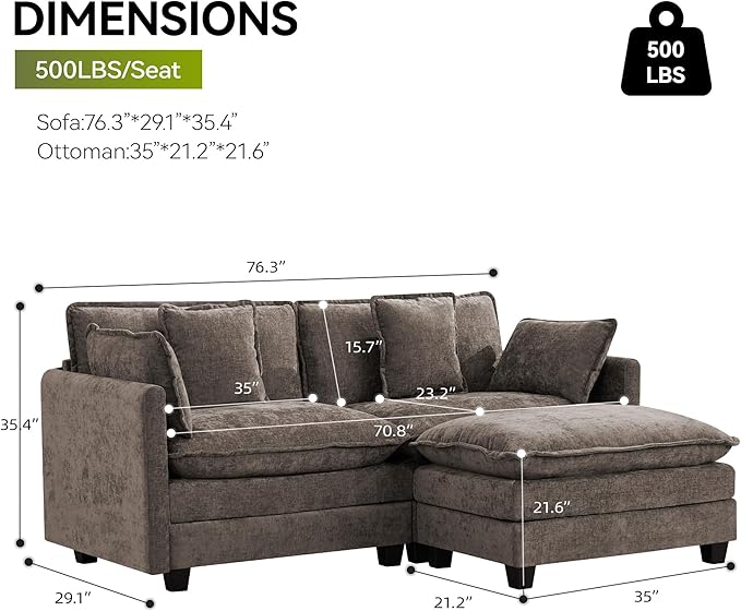 UMBFUN Cloud Couch Loveseat with Ottoman, Oversized Comfy Modular Sectional L Shaped Sofa with Deep Seat Cushions, Chenille 2-Seater Lounge Set for Living Room, Brown