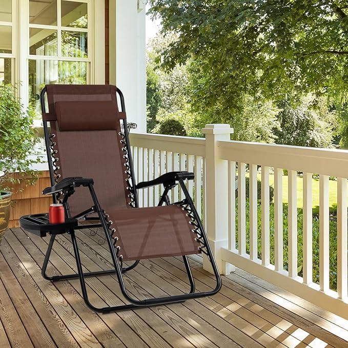 Tangkula Set of 2 Zero Gravity Chair, Folding Patio Lounge Chair Adjustable Outdoor Recliner with Cup Holder, Wide Armrest for Patio Garden Poolside Outdoor Yard Beach, Support 350 lbs (2, Brown)