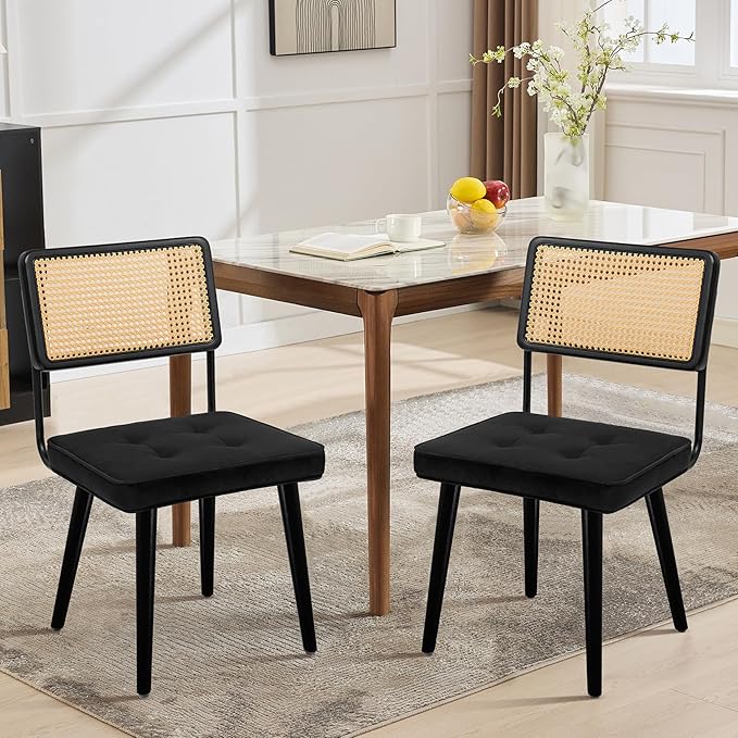 GarveeHome Natural Rattan Dining Chairs, Velvet Upholstered Kitchen Chairs with Tall Cane Backrest and Strong Wood Legs for Dining Room, Kitchen, Restaurant, Black