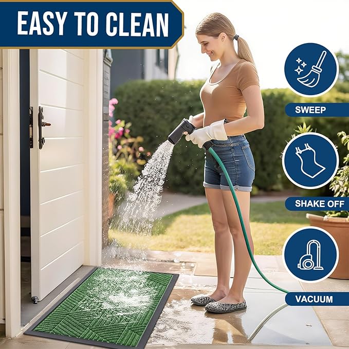 Kitinjoy Front Door Mat Outside Entrance, Sturdy Natural Dirt Trapper, Heavy Duty Rubber Doormat, Low Profile Non-Slip Backing, Easy Clean Floor Mat for Indoor Outdoor Entry, 47X23 Inch, Green