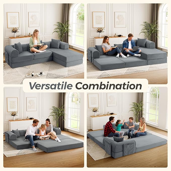 106.3" Oversized Convertible Sleeper Sofa Bed, L Shape Modular Sectional Cloud Sofa with Fixed-Shape Frame, Boneless Couch with Storage Pocket for Living Room, No Assembly Required, Dark Gray