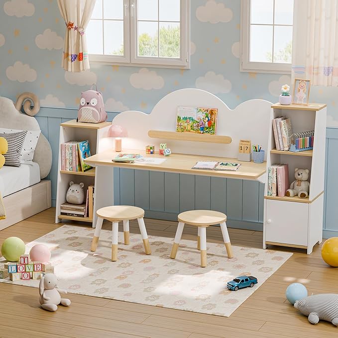 Xilingol Kids Study Desk with Bookshelves and 2 Stools, Kids Desk and Chair Set with 5 Storage Cabinets, Wooden Children Writing Table, Student Study Table for Ages 3-8, Bedroom, Boys, Girls