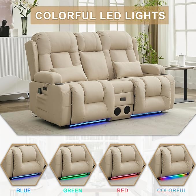 URRED Loveseat Recliner Sofa with Massage and Heat, Power Reclining Loveseat Sofa RV Couch with Console, Home Theater Seating with LED Lights, Bluetooth Speakers, USB, Outlets, Leathaire Beige