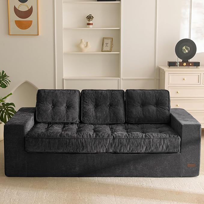 MAXYOYO Boneless Sofa Couch, Loveseat Sofa for Small Space, Tufted 3-Seater Floor Couch Bean Bag Chair for Living Room Bedroom Apartment, Sofa in a Box, No Assembly Needed, Black