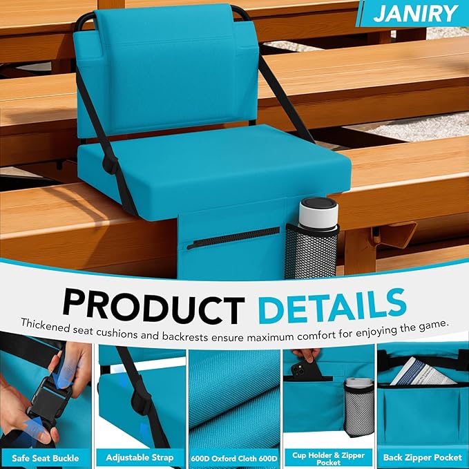 Stadium Seat for Bleachers with Back Support,Portable Bleacher Chairs with Back and Cushion，Cyan