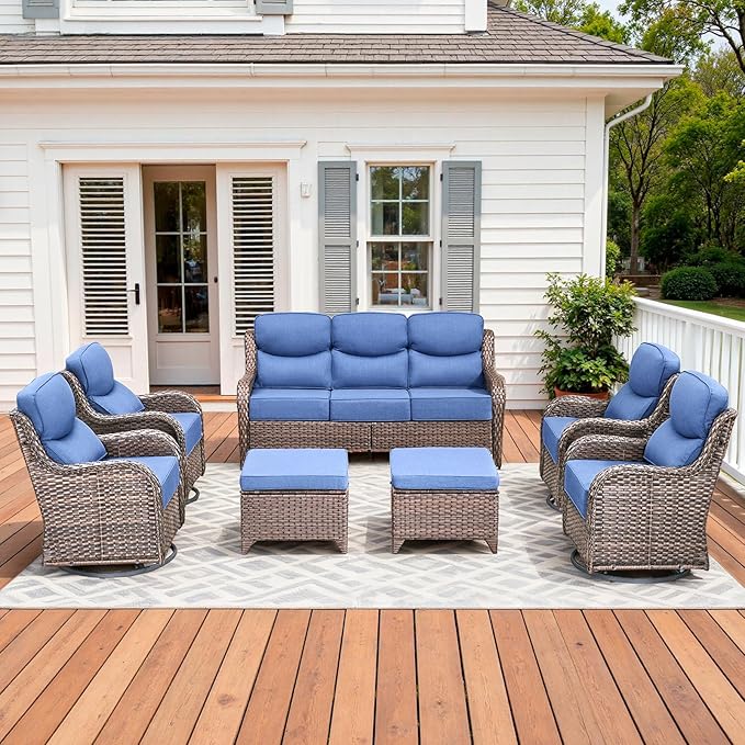 Pugire Luxury High Back Patio Furniture Set with 6-Inch Thick Cushions, 7-Pieces Outdoor Furniture with Swivel Chairs, Wicker Conversation Set for Porch, Balcony, Deck and Yard, Brown/Blue