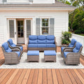 Pugire Luxury High Back Patio Furniture Set with 6-Inch Thick Cushions, 7-Pieces Outdoor Furniture with Swivel Chairs, Wicker Conversation Set for Porch, Balcony, Deck and Yard, Brown/Blue