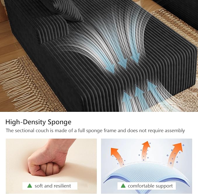 Oversized 80" Double Chaise Lounge Chair Futon Sofa Bed Boneless Cloud Couch Sleeper Sofa, Flannel Upholstered Floor Sofa Modular Sectional Loveseat with 2 Throw Pillow & Backrest Pillow, Black