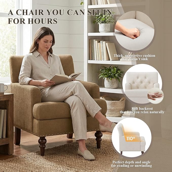 Upholstered Accent Chair with Thick Cushion, High Back Reading Chair, Linen Blend Armchair with Solid Rubberwood Legs for Living Room, Bedroom, Reading, Apartment & Small Spaces,Brown,Set of 2