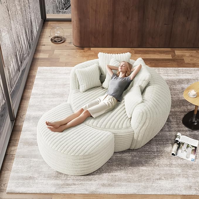 Oversized Chaise Lounge Chair Indoor with Ottoman 50.5" W x 67.0" D Round Soft Corduroy Comfy Oversized Reading Chair with 5 Pillows for Living, Reading Room - Beige White