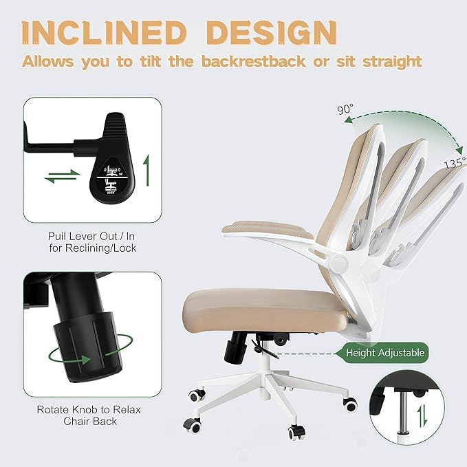 Ergonomic Office Chair - 400LB Comfy Desk Chairs with Lumbar Back Support, Mesh Computer Chairs with Wheels and Arms for Home Office, Study (Khaki-Without Headrest)