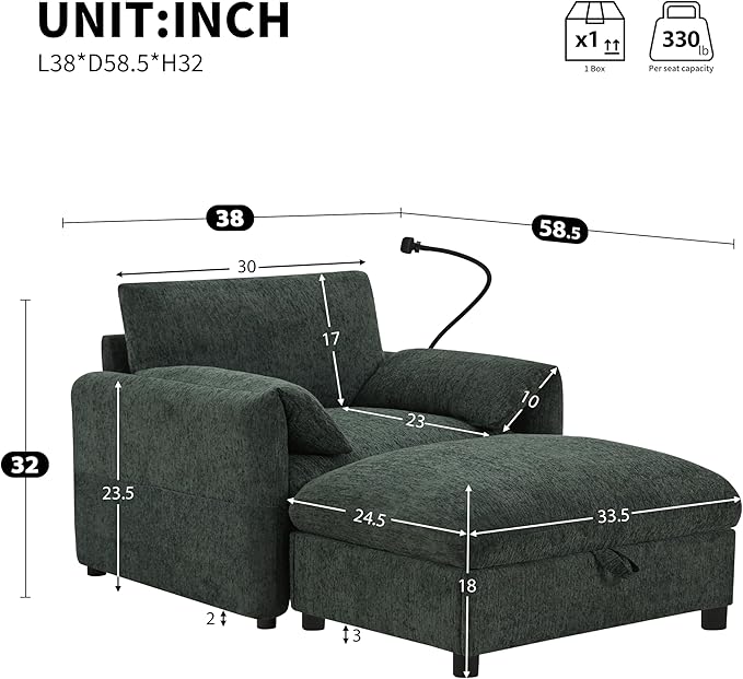 Chenille Single Sofa with Storage Ottoman, Adjustable Phone Holder, USB Charger, Side Storage Pockets, Pillow-Like Armrests, Wide Seat Chaise Lounge for Living Room & Apartment, 4 Colors