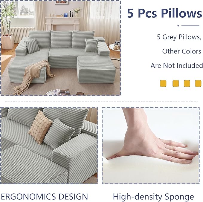 107" W Cloud Sectional Couch with Ottoman,Modern U-Shaped Cloud Couch with Deep Seat,Comfy Corduroy 3-Seater Sofa,Memory Foam Sofa for Living Room,No Assembly (Grey,Left-Facing Chaise)