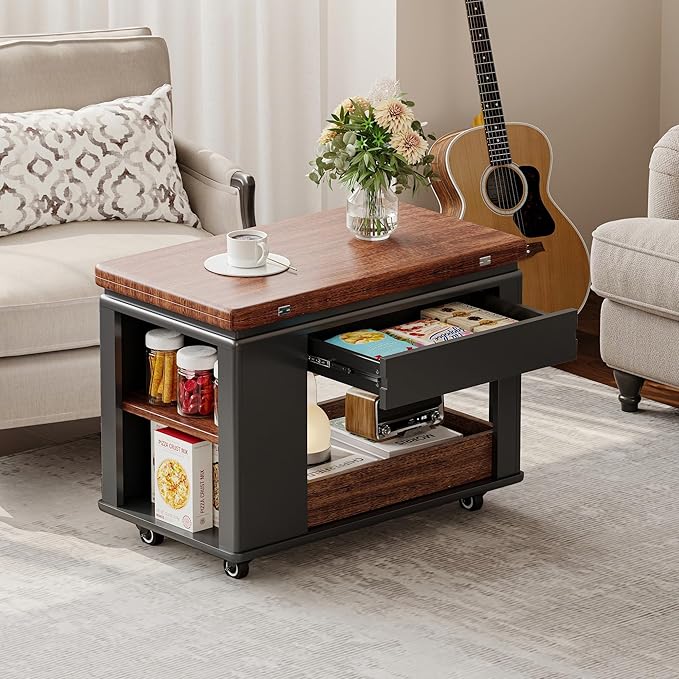 27.6" Modern Multi-Function Coffee Table with Foldable Top & Casters,Side Table with Multi-Tier Storage,Black & Walnut