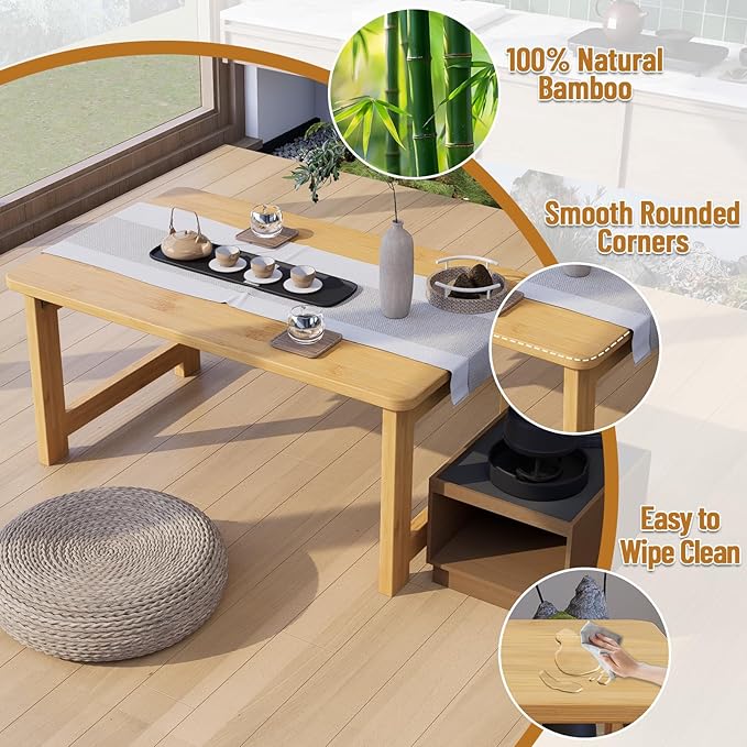 OETPJM Japanese Floor Table, Bamboo Folding Coffee Table, Portable Solid Wood Japanese Tatami Tea Table Table, No Assembly Japanese Dining Table for Sitting on The Floor, Easy Storage (Natural)