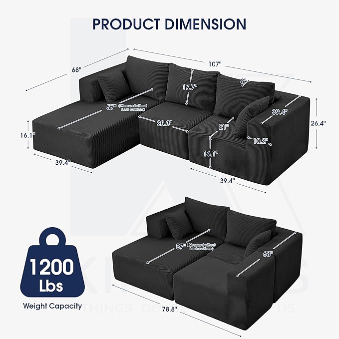 KINGYES 107'' Modular Sectional Sofa, L Shaped Cloud Couch for Living Room, Modern Boneless Sofa with Chaise for Bedroom, Soft Black