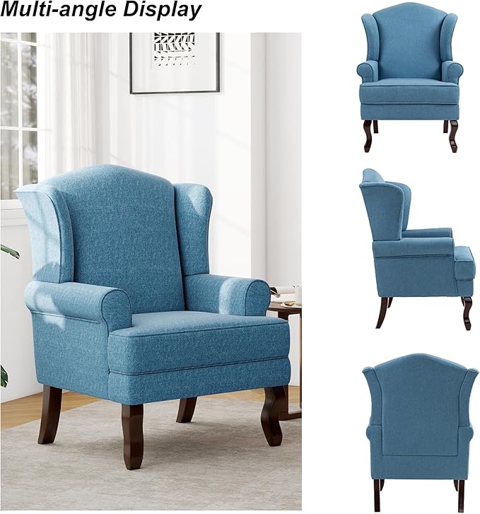DREAMSIDEA Accent Chair, High Back Upholstered Armchair with High Resilience Sponge & Wood Legs, Mid-Century Modern Comfy Single Sofa Reading Chairs for Living Room, Bedroom (Blue, Set of 1)
