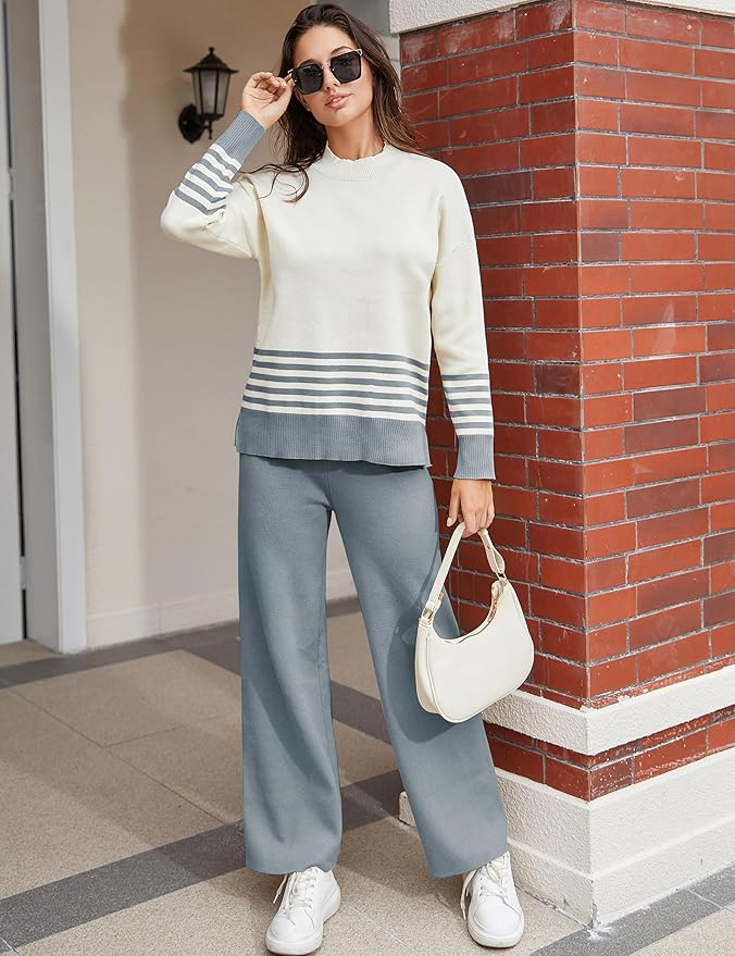 Tanming Women's Lounge Sets 2 Piece Outfits Knitted Pullover Sweater Tops Wide Leg Pants Tracksuit