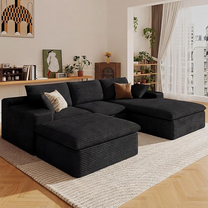 107" Cloud Sectional Couch with U-Shaped Chaise,Corduroy Viral Boneless Sofa with Ottoman,Memory Foam Couches in a Box with Deep Seat for Living Room,No Assembly Required (Black,Right-Facing Chaise)