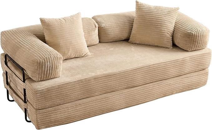 4-in-1 Folding Sofa Bed, 78" Oversized Corduroy Sleeper Chair, Convertible Loveseat to Floor Bed with Storage Pockets, Boneless Design for Living Room, Bedroom & Small Spaces
